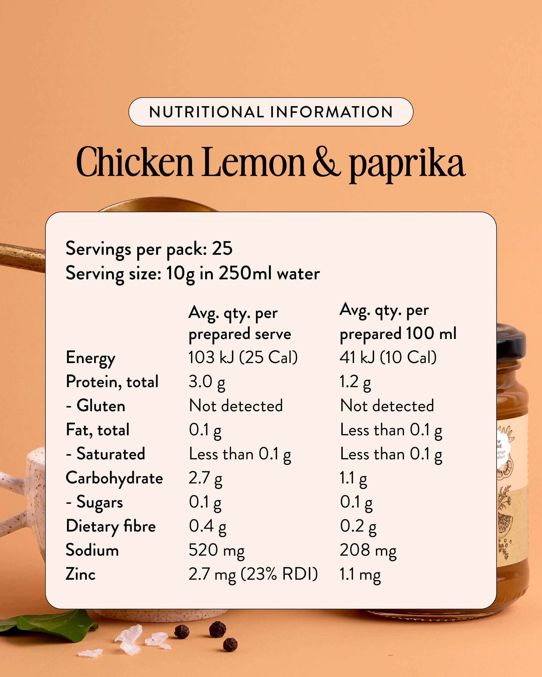 Chicken lemon and paprika bone broth concentrate nutritional information
