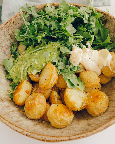 Roast Potato Salad with mixed herb pesto and rocket
