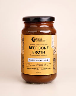 Beef Bone Broth concentrate lemon ginger ACV flavour made from grass fed australian beef bones