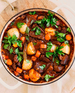 A delicious stew with beef, potatoes and carrots made with beef bone concentrate native herbs