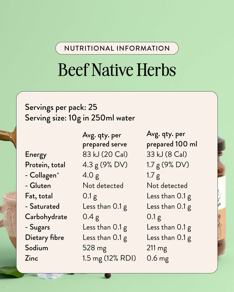 Beef native herbs bone broth concentrate nutritional information