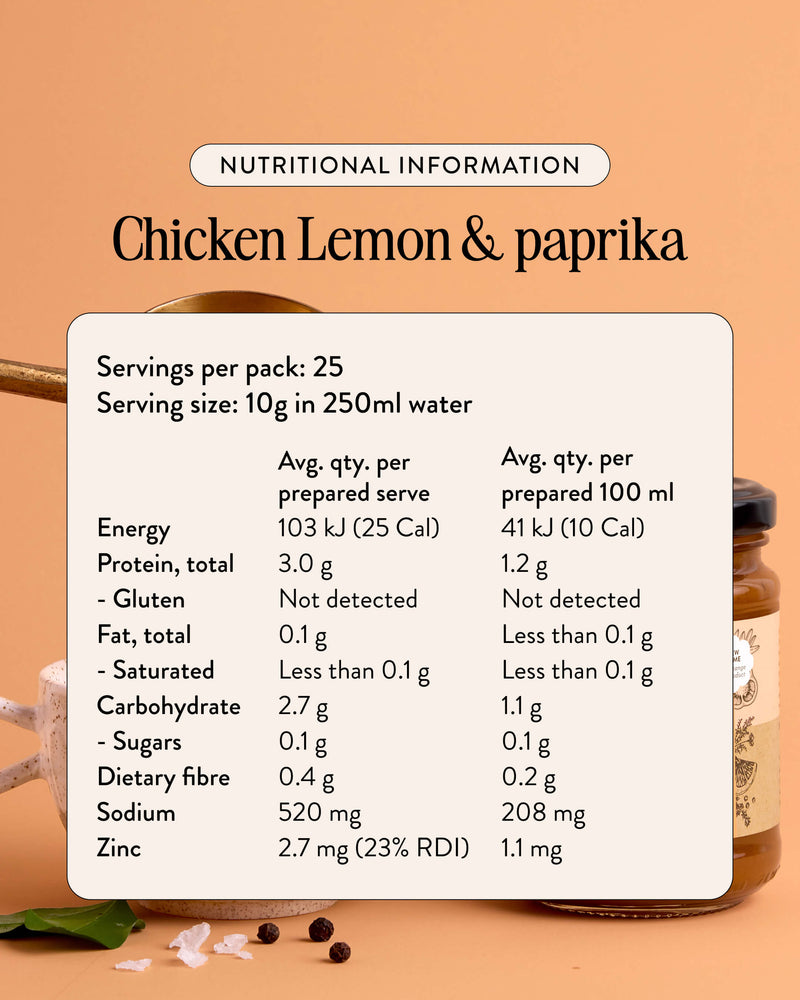 Chicken lemon and paprika bone broth concentrate nutritional information