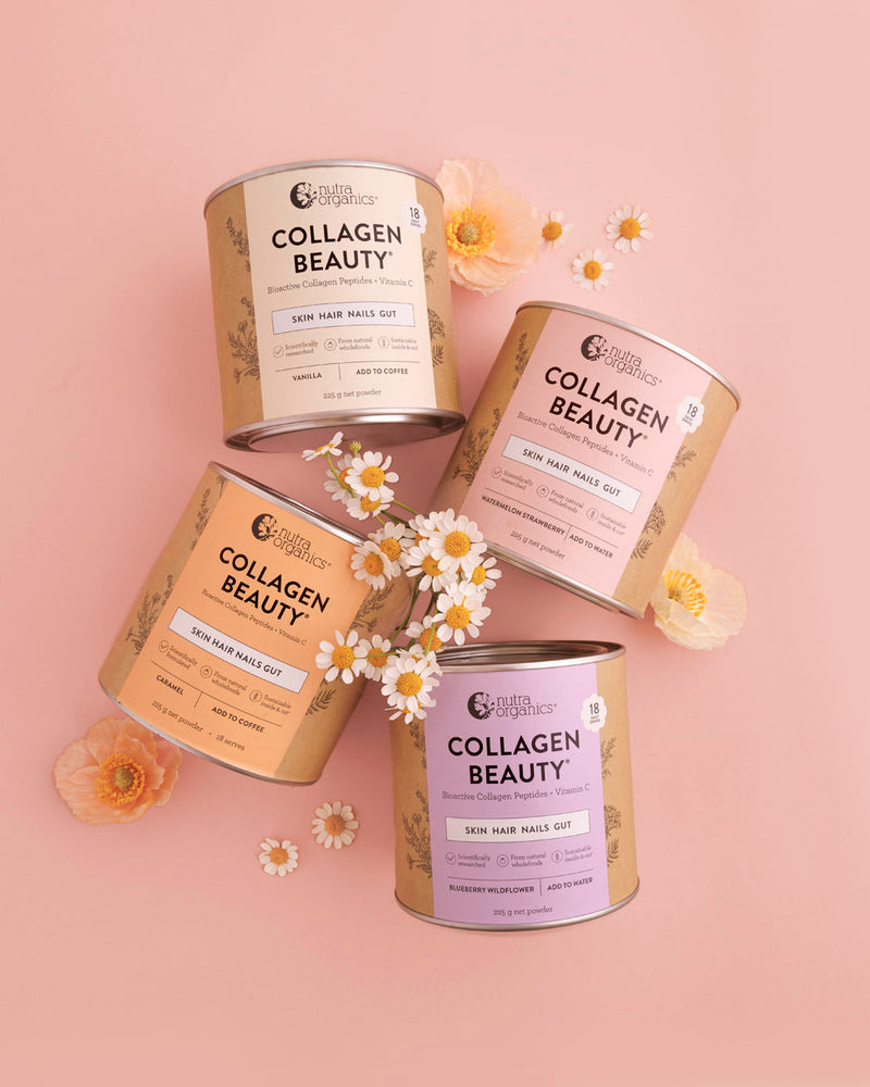 Collagen Beauty Flavours with flowers on a pink background