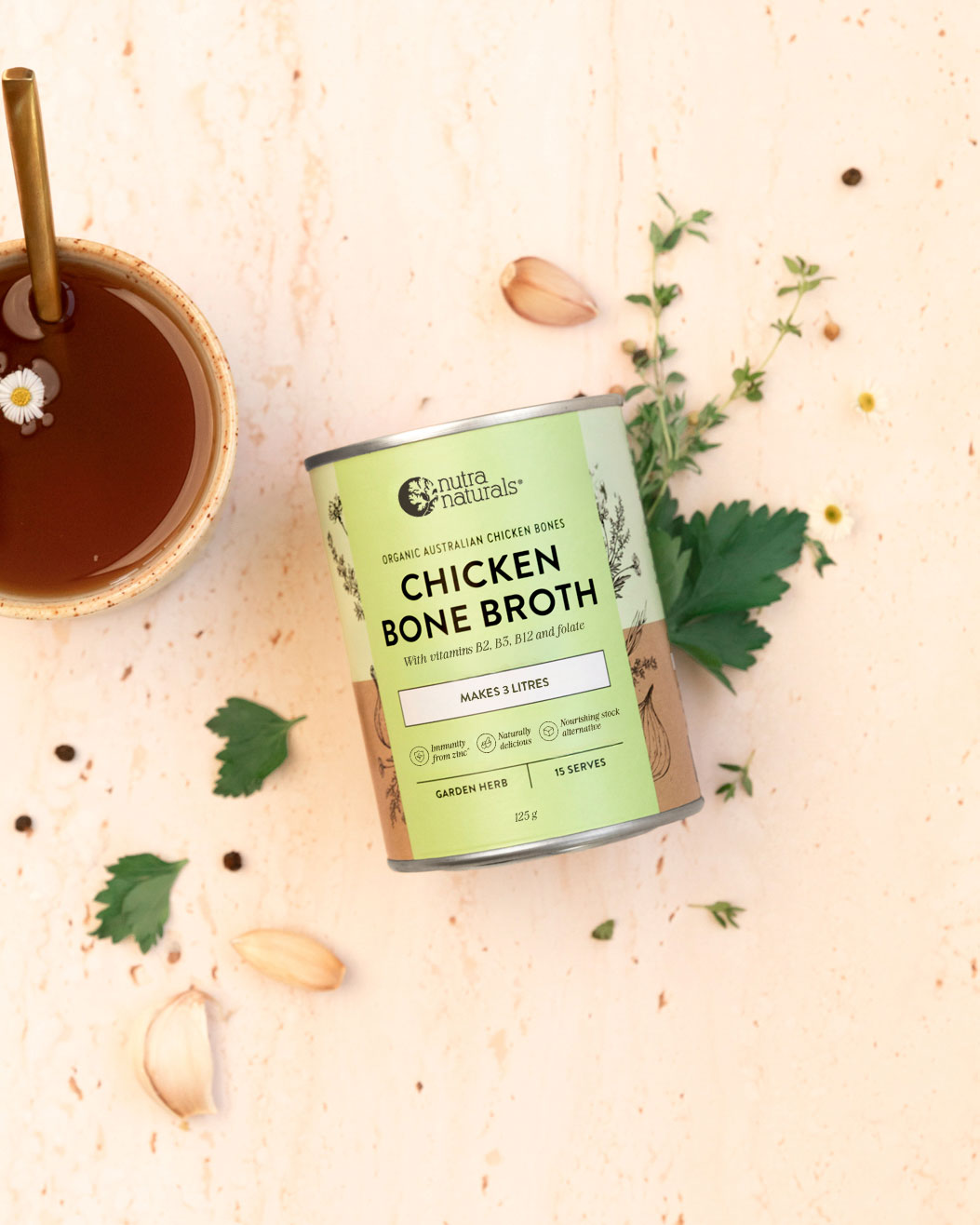 Chicken Bone Broth Garden Herb flat lay