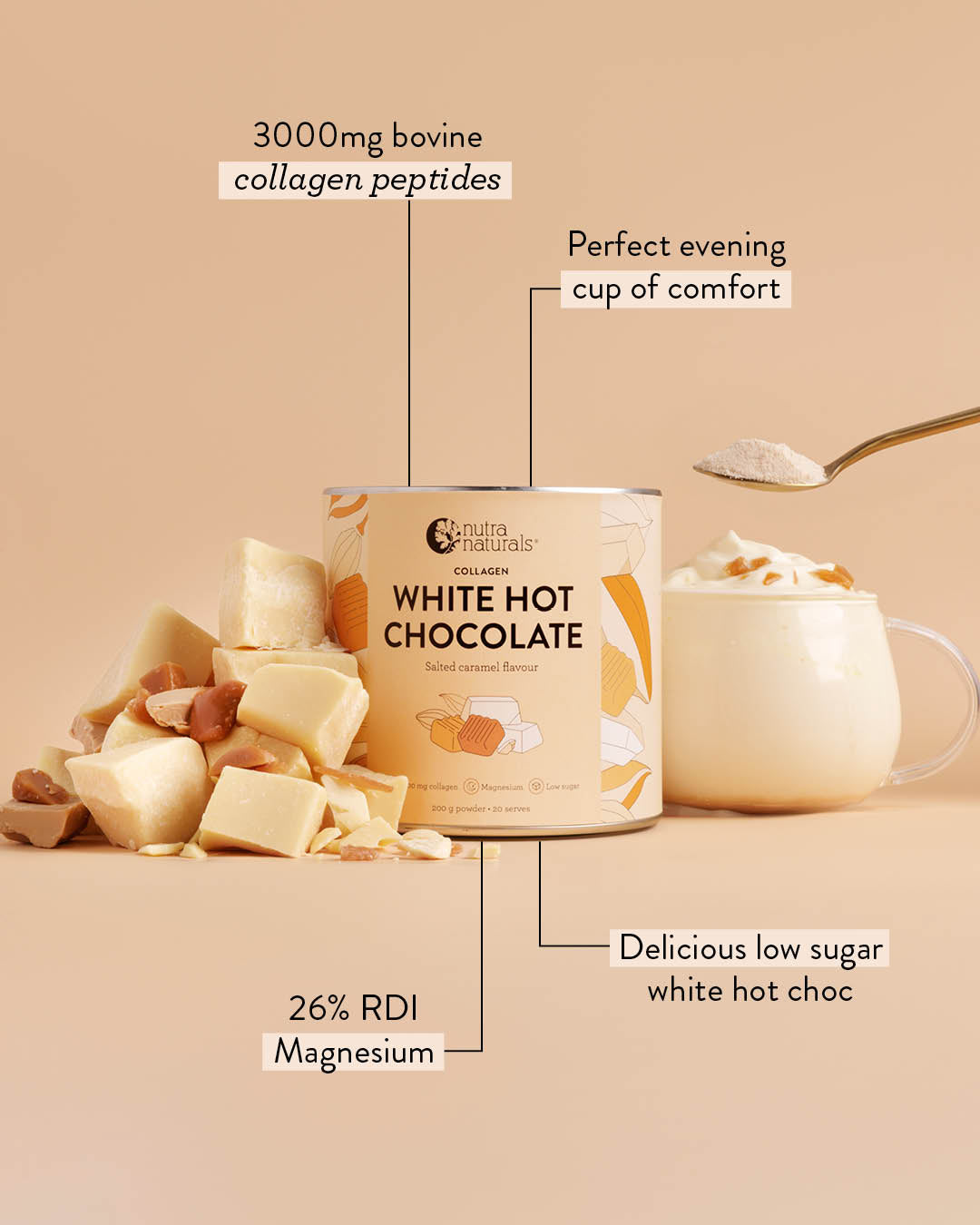 A can of Collagen White Hot Chocolate shown on a warm beige background with callout lines highlighting key selling points: 3000mg bovine collagen peptides, perfect evening cup of comfort, 26% RDI magnesium, and delicious low sugar white hot choc. White chocolate chunks and a cup of white hot chocolate with whipped cream are arranged around the product.