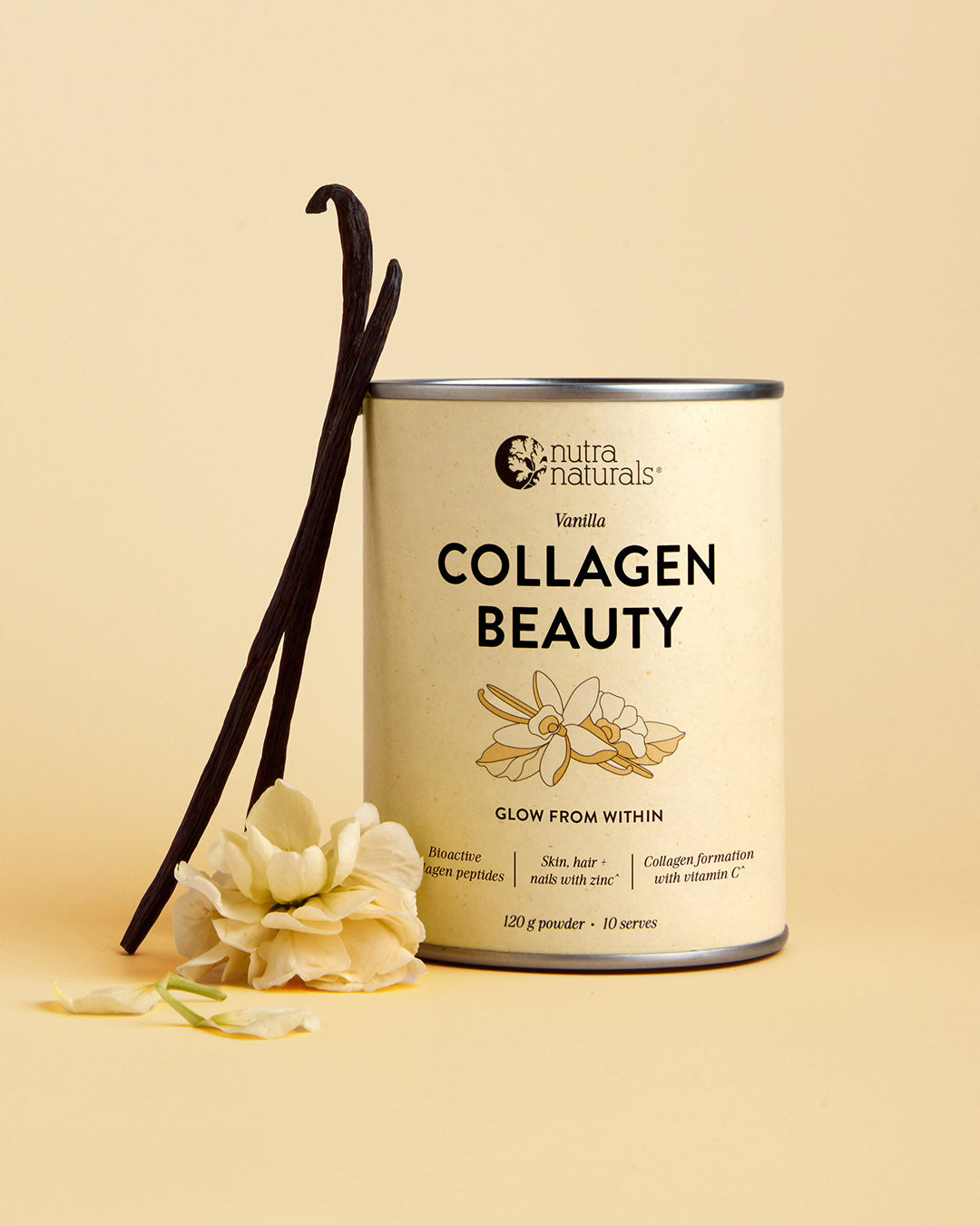 A canister of Nutra Naturals Collagen Beauty vanilla powder, styled with vanilla beans and a vanilla flower on a warm beige background.