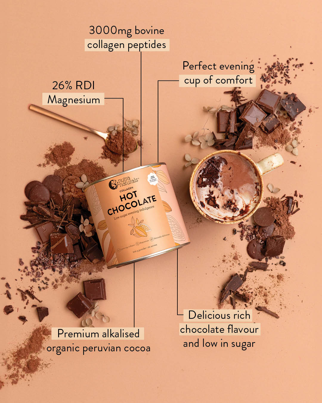 A can of Hot Chocolate Collagen centered on a peach background, surrounded by chocolate pieces, cocoa powder, and a cup of chocolate drink. Text callouts highlight ingredients and flavor claims.