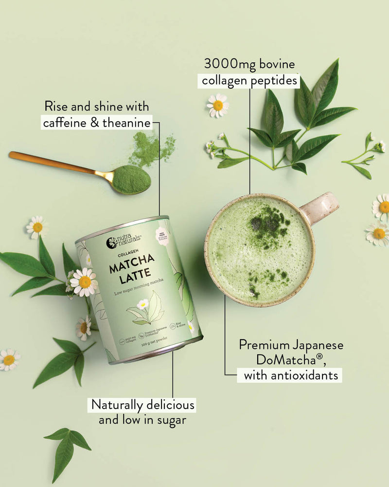 A can of Collagen Matcha Latte is shown on a pale green background with a prepared matcha latte cup, green leaves, white daisies, and text callouts describing ingredients and benefits.