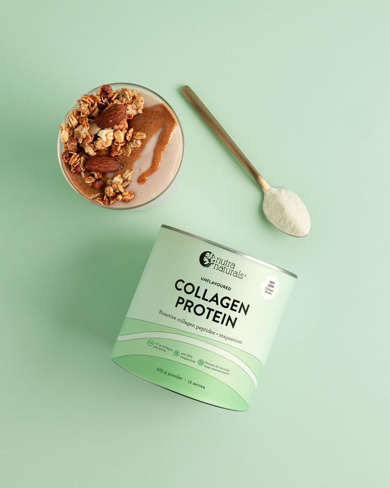 A canister of Collagen Protein powder shown on a light mint green background