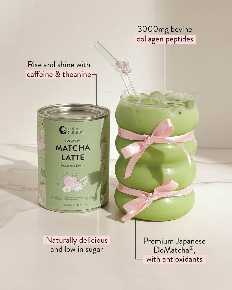 A can of Collagen Strawberry Matcha Latte next to a green matcha latte in a glass with pink ribbon bows, with text callouts describing the product features.