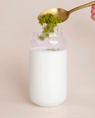 GIF: Collagen Matcha Latte powder being stirred into a glass of water