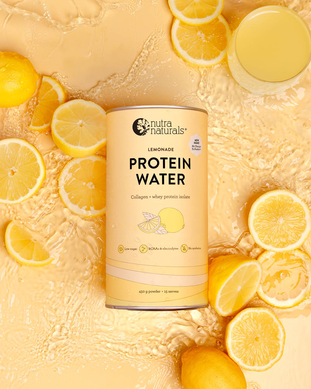 Can of Nutra Naturals Lemonade Protein Water surrounded by lemon slices on a yellow background