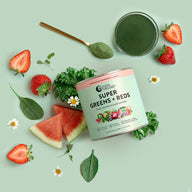 Super Greens + Reds Watermelon Strawberry flat lay