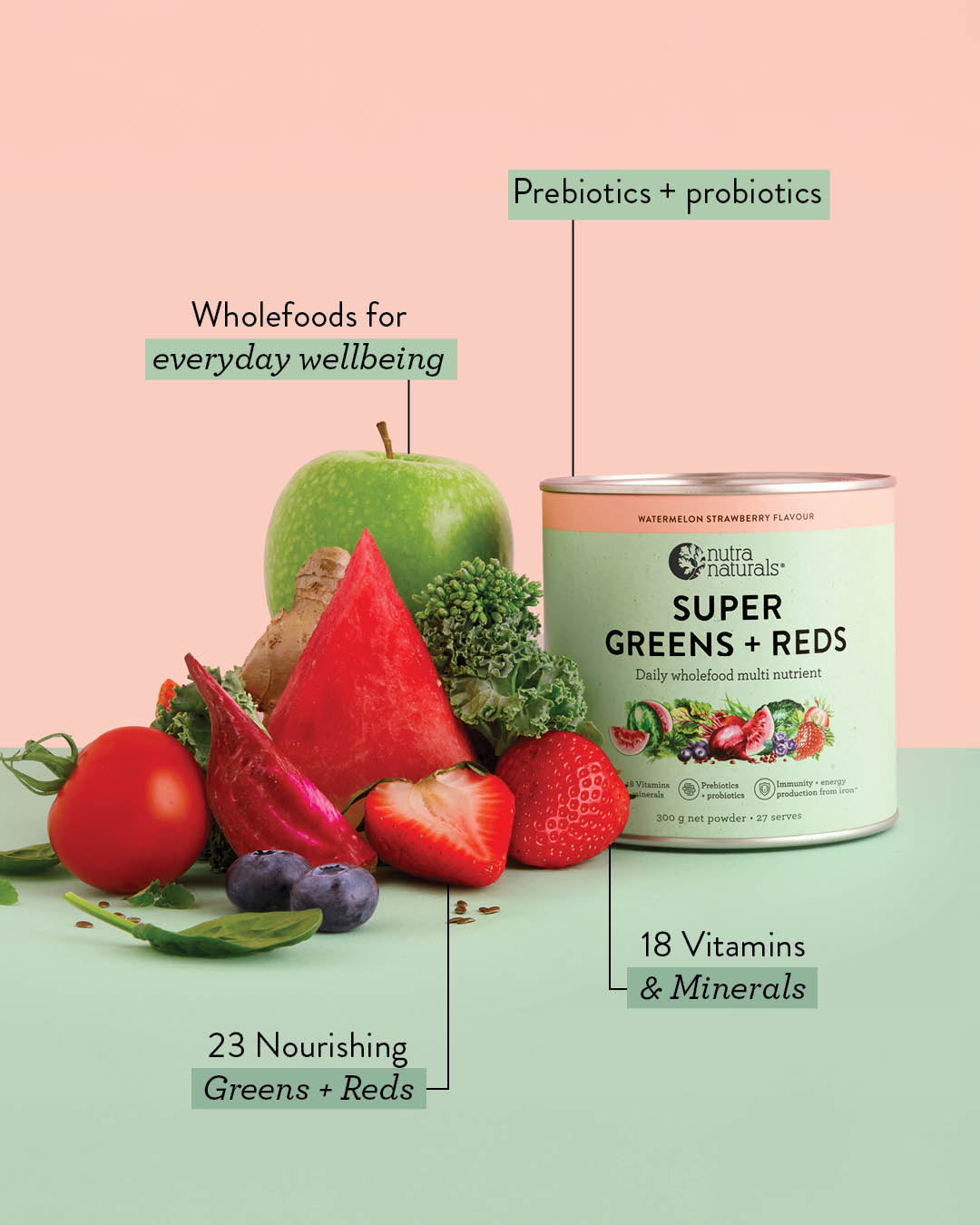 A canister of Super Greens + Reds Watermelon Strawberry is styled with wholefoods like a green apple, watermelon, strawberries, broccoli, and berries on a split pastel pink and mint background, with callout text labels.
