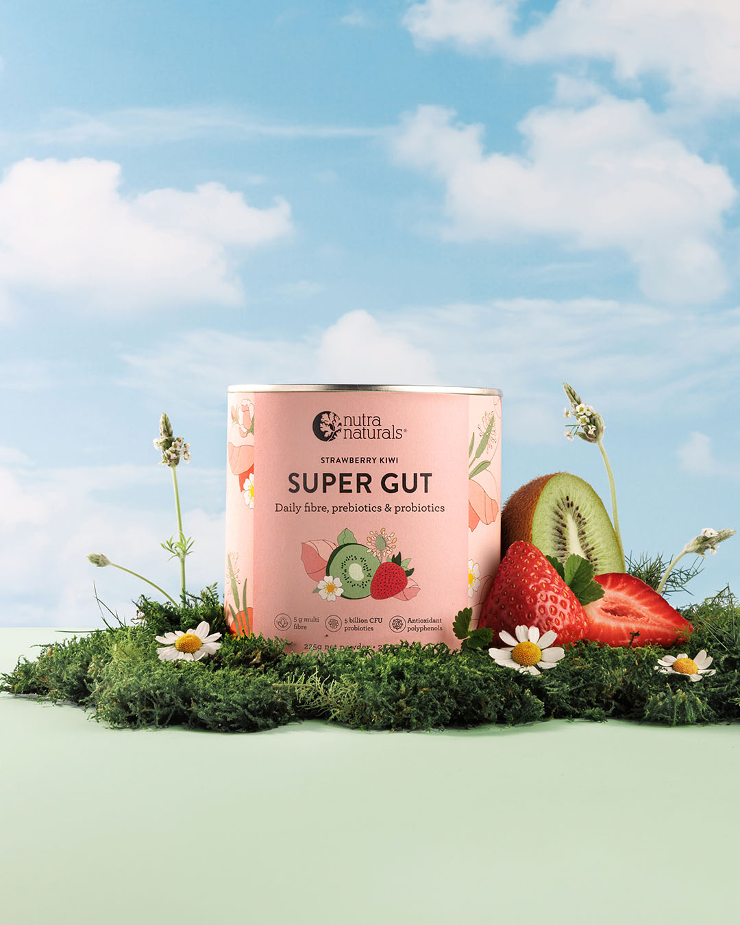 A pink canister Super Gut on a light green surface against a blue sky 