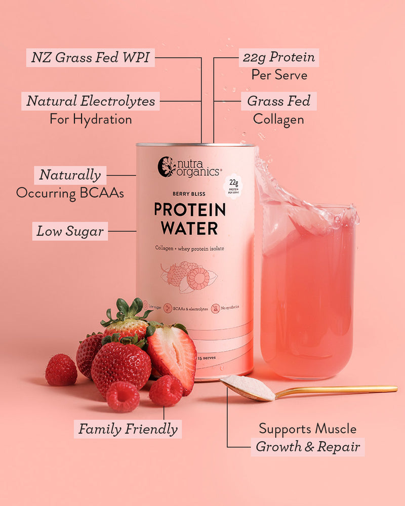 Protein water Berry Bliss with strawberries and raspberries, labeled with health benefits on a pink background