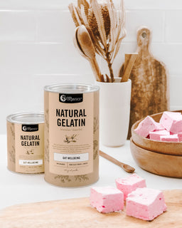 Natural Geltain Powder displayed on kitchen bench with Gummies in the front
